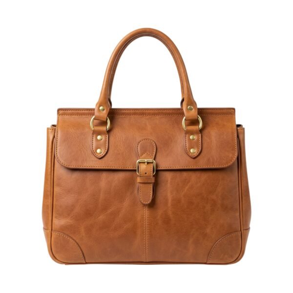 Bagzen Leather Top Handle Handbag with Front Buckle Brown