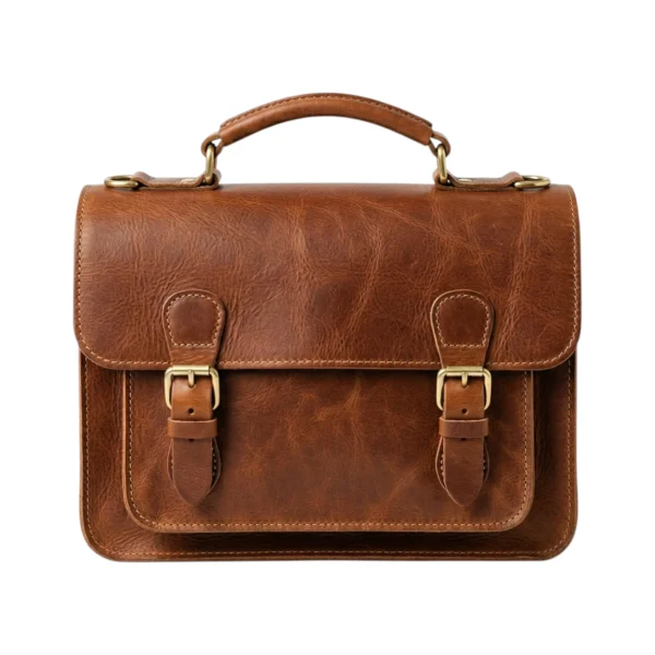 Bagzen Leather Double Buckle Satchel Handbag Brown